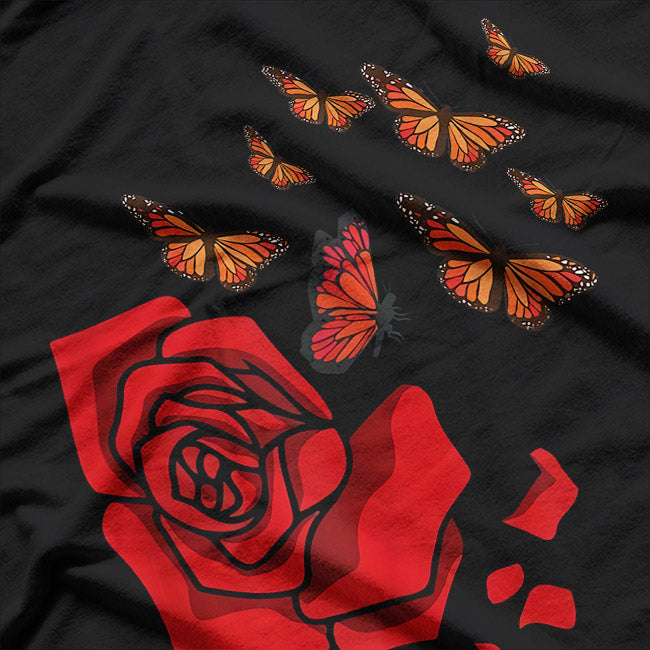 Beautiful Red Flower And Butterfly Nature Art T-Shirt