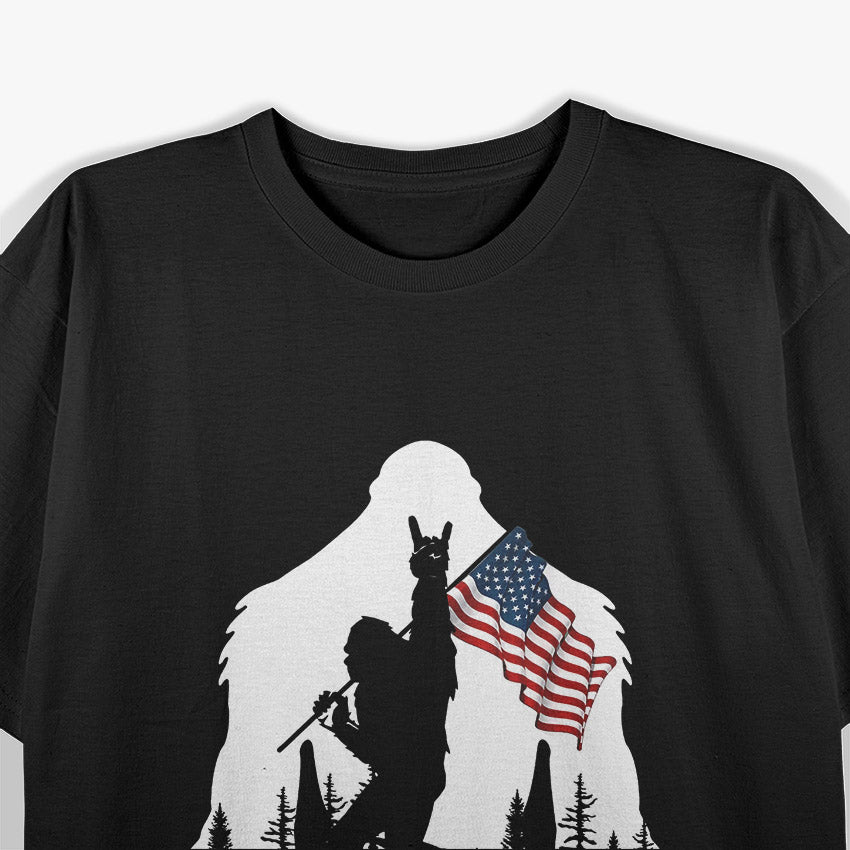 Bigfoot Rock On Funny Sasquatch American Flag T-Shirt