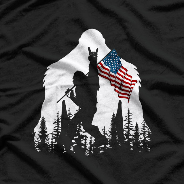 Bigfoot Rock On Funny Sasquatch American Flag T-Shirt