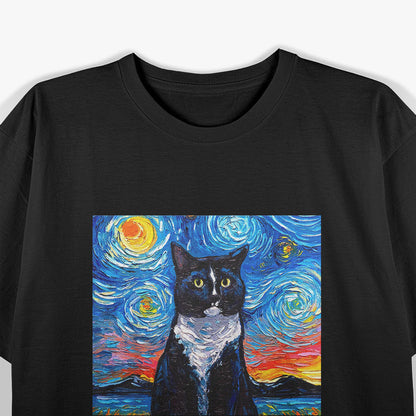 Tuxedo Black And White Cat Starry Night T-Shirt