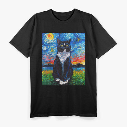 Tuxedo Black And White Cat Starry Night T-Shirt