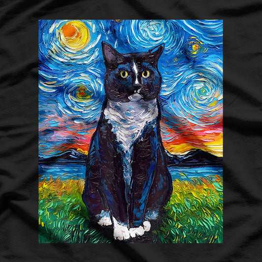 Tuxedo Black And White Cat Starry Night T-Shirt