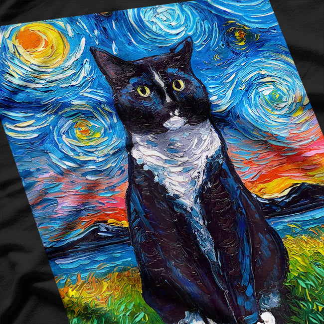 Tuxedo Black And White Cat Starry Night T-Shirt