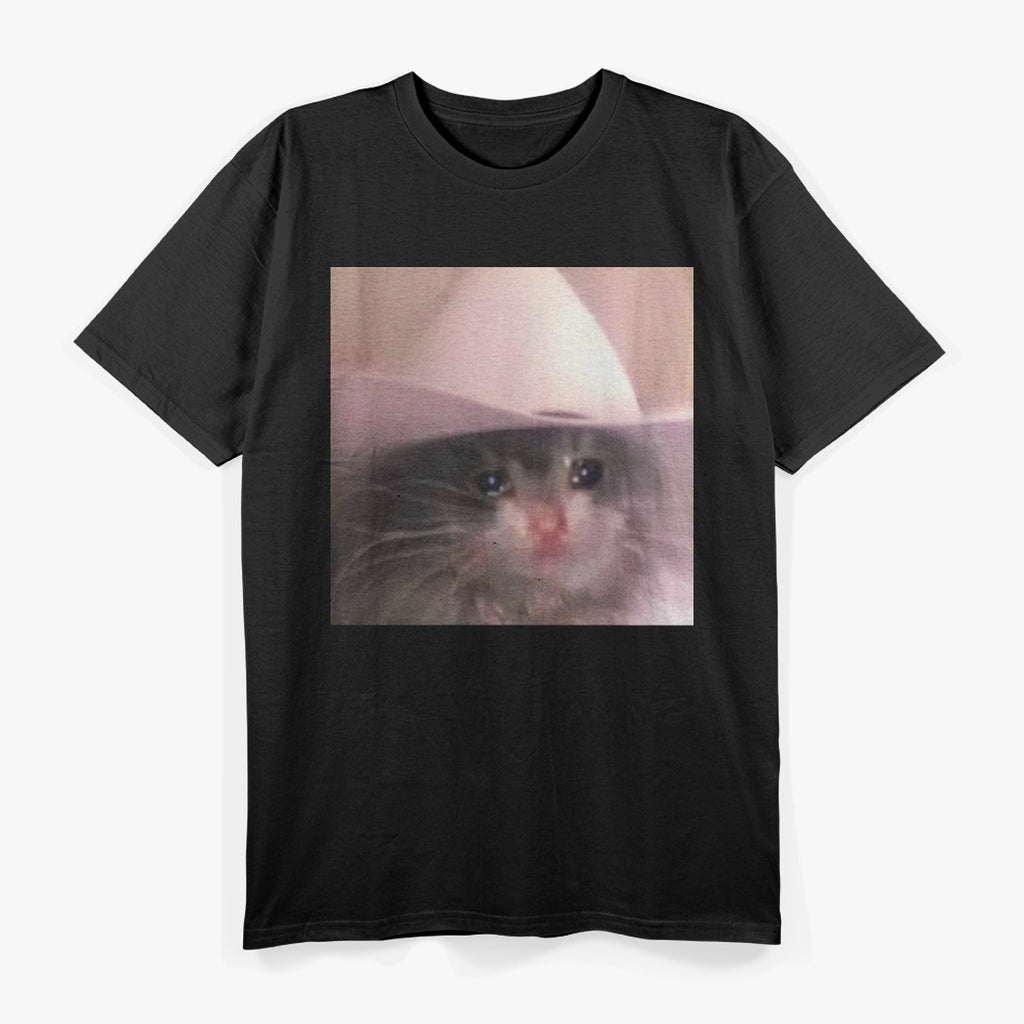 Cat Sad Cowboy Hat Funny Animal Lover Humor T-Shirt