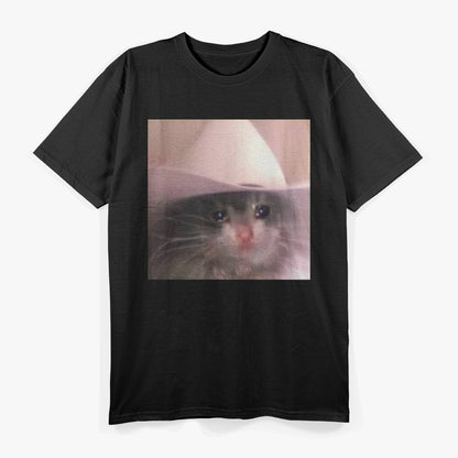 Cat Sad Cowboy Hat Funny Animal Lover Humor T-Shirt