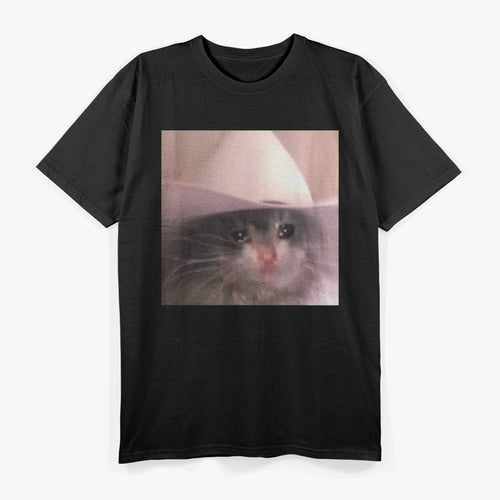 Cat Sad Cowboy Hat Funny Animal Lover Humor T-Shirt