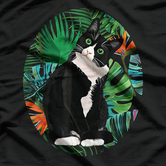 Tuxedo Cat And Tropical Flowers Tuxedo Cat Lover T-Shirt