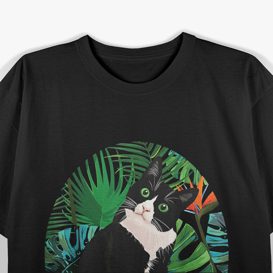 Tuxedo Cat And Tropical Flowers Tuxedo Cat Lover T-Shirt