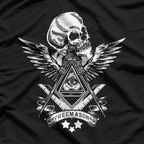 Freemason Compass Square All Seeing Eye Wings Masonic Skull T-Shirt