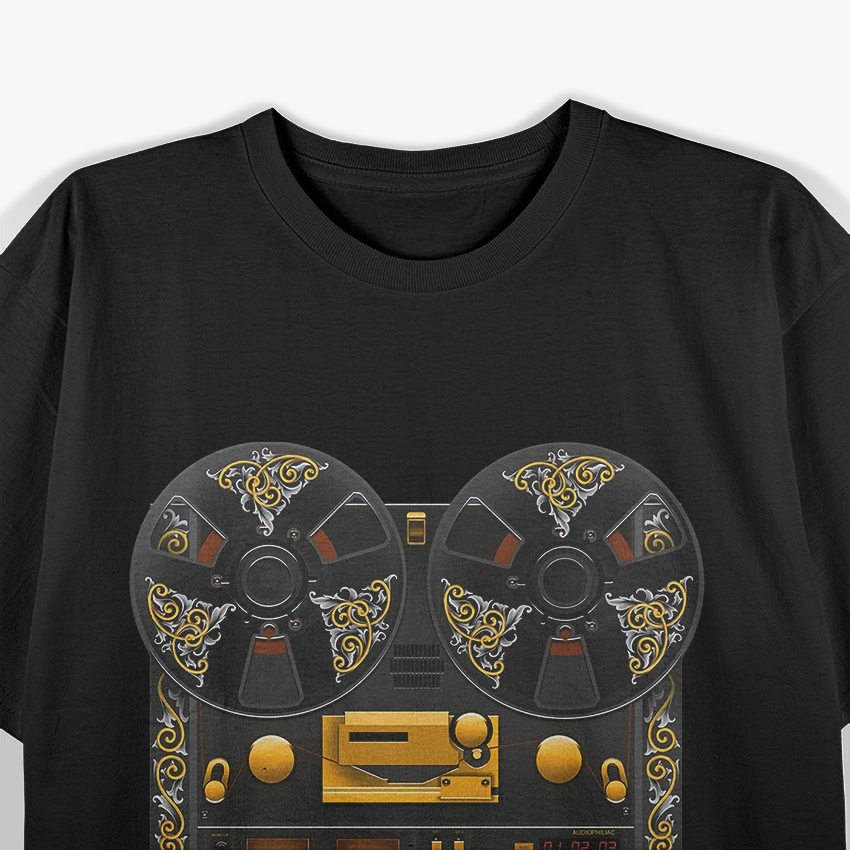 Reel to Reel Tape Deck Recorder with Vintage Scrolls T-Shirt