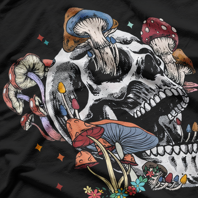 Mushroom Collector Skull Unique Graphic Art T-Shirt