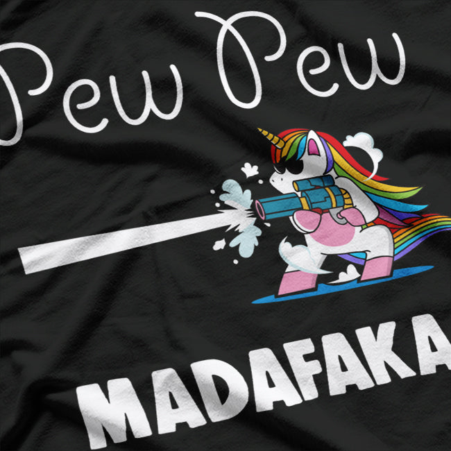 Unicorn Pew Pew Madafakas Funny Cute Rainbow Gun Meme Humor T-Shirt