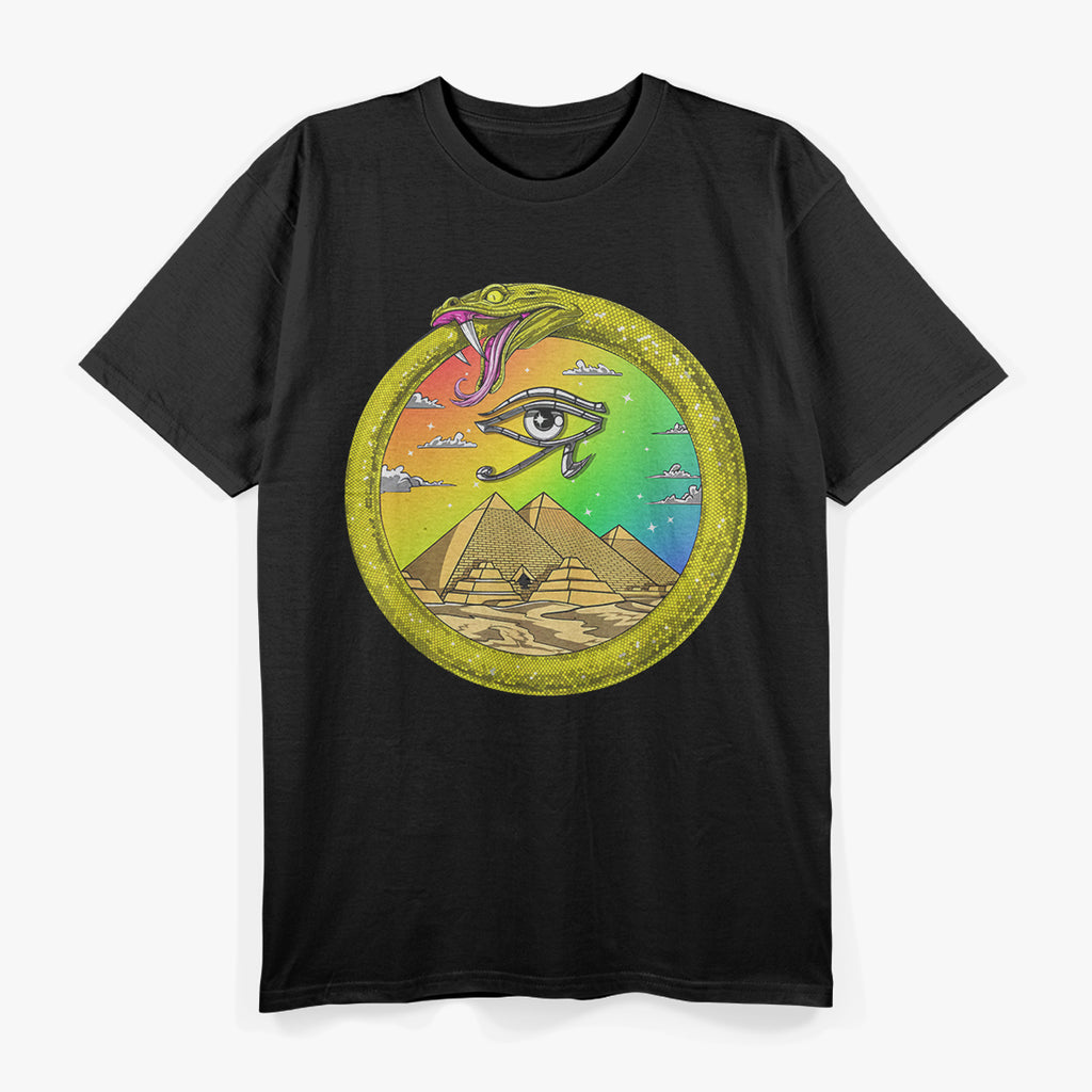 Ouroboros Snake & Egyptian Symbols - Eye of Horus & Pyramids T-Shirt