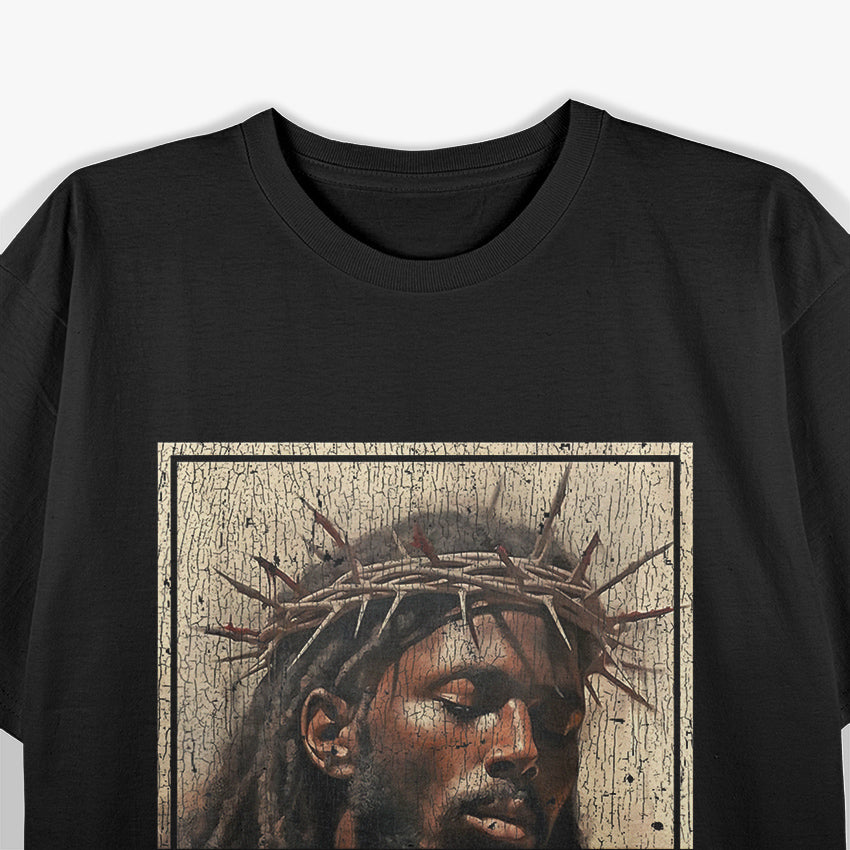 Black Shirt Jesus Face Religious Design T-Shirt