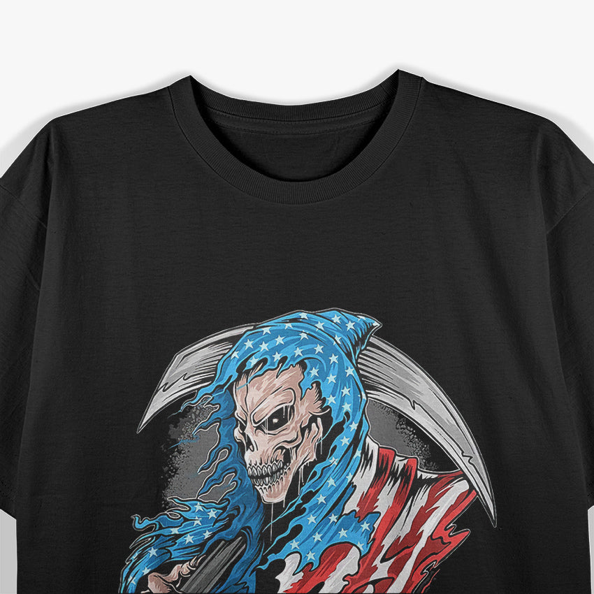Skeleton with US Flag – Patriotic Spooky Halloween T-Shirt