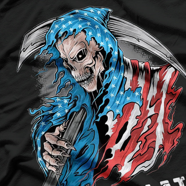 Skeleton with US Flag – Patriotic Spooky Halloween T-Shirt
