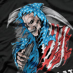 Skeleton with US Flag – Patriotic Spooky Halloween T-Shirt