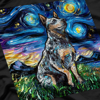 Blue Heeler Gazing At A Starry Night Scenic Pet Lover T-Shirt