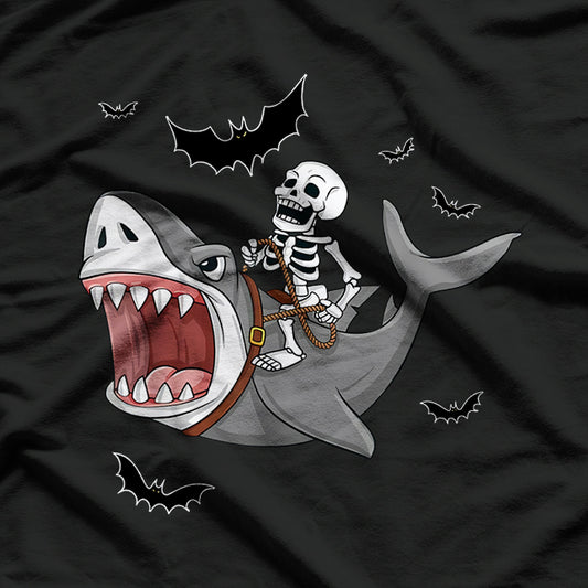 Skeleton Riding Shark Funny Dark Humor Pirate Adventure T-Shirt