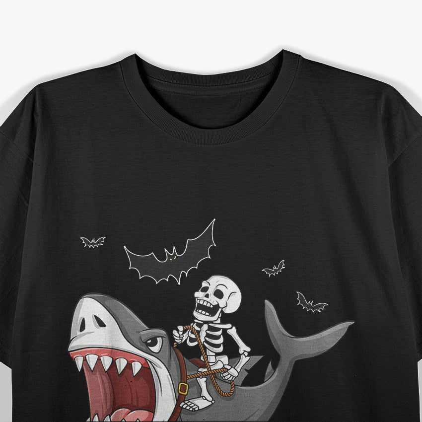 Skeleton Riding Shark Funny Dark Humor Pirate Adventure T-Shirt
