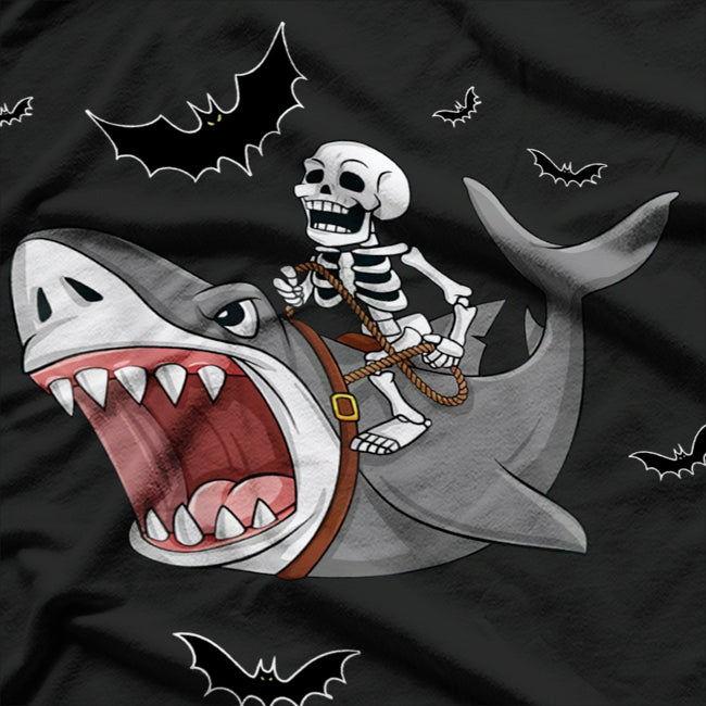 Skeleton Riding Shark Funny Dark Humor Pirate Adventure T-Shirt