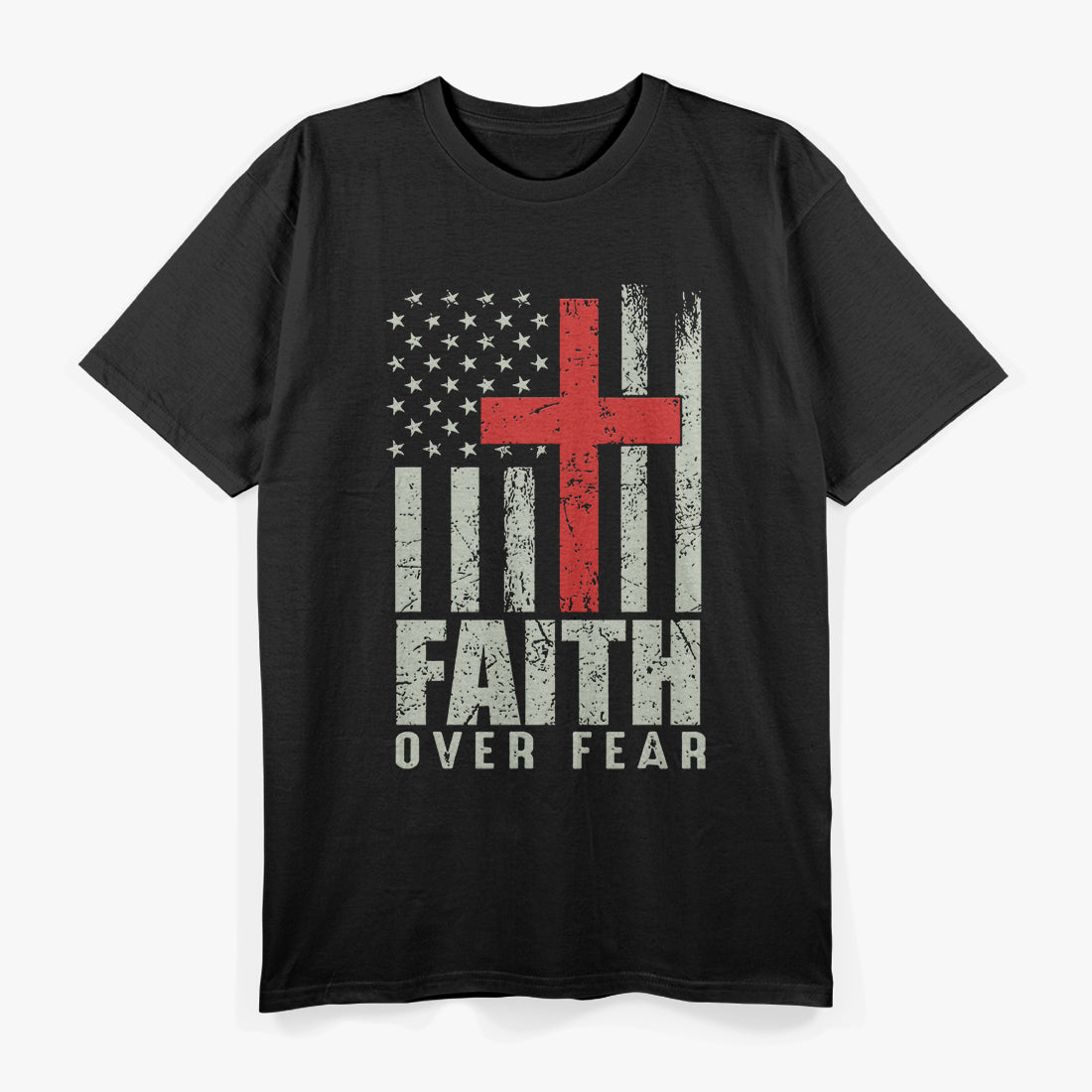 Faith Over Fear Retro USA Flag Christian Cross T-Shirt