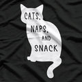 Funny Cats Naps and Snacks Lazy Cat Lover Humor T-Shirt