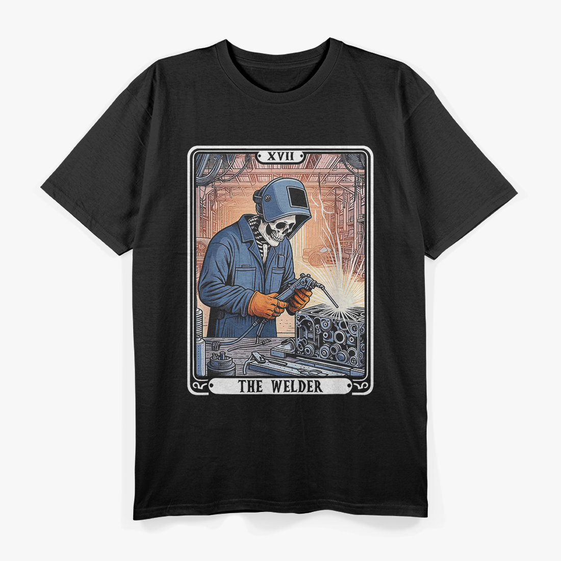 Skeleton Welder Tarot Card Funny Metalworking Graphic T-Shirt