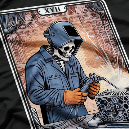 Skeleton Welder Tarot Card Funny Metalworking Graphic T-Shirt