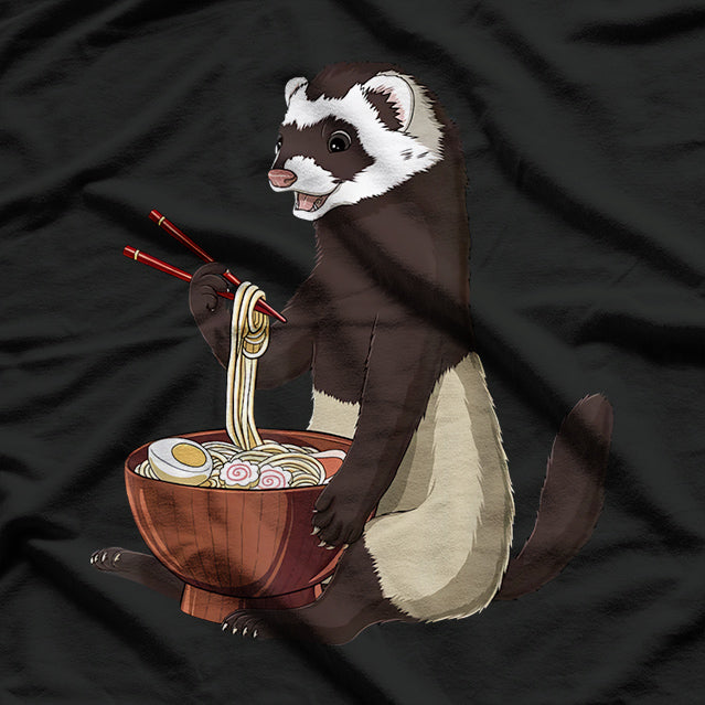 Kawaii Ferret Enjoying Ramen Bowl Cute Pet Lover Design T-Shirt