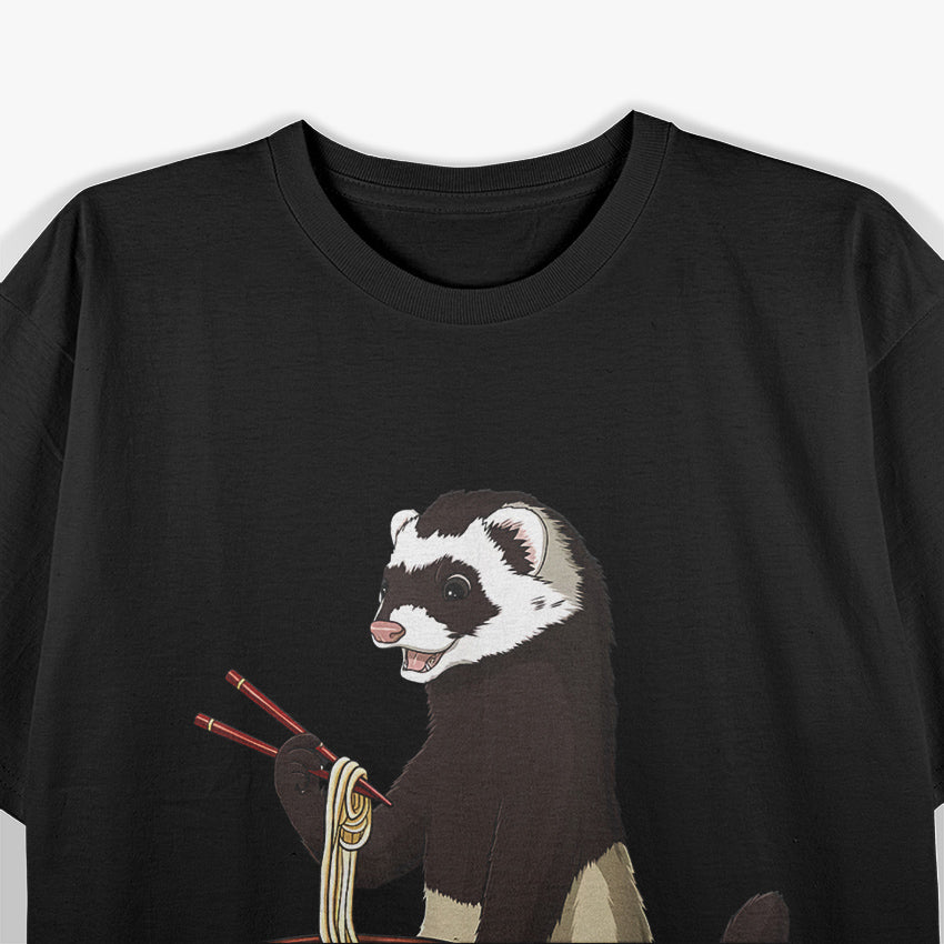 Kawaii Ferret Enjoying Ramen Bowl Cute Pet Lover Design T-Shirt