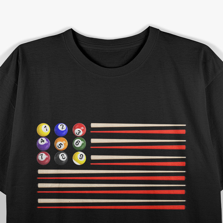 Billiards American Flag - USA Patriotic Cue Stick, Pool Balls, and Snooker 8-Ball T-Shirt