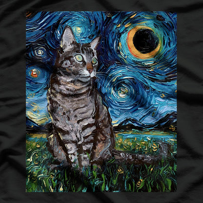 Gray Tabby Cat Starry Night Magical Moonlit Design T-Shirt