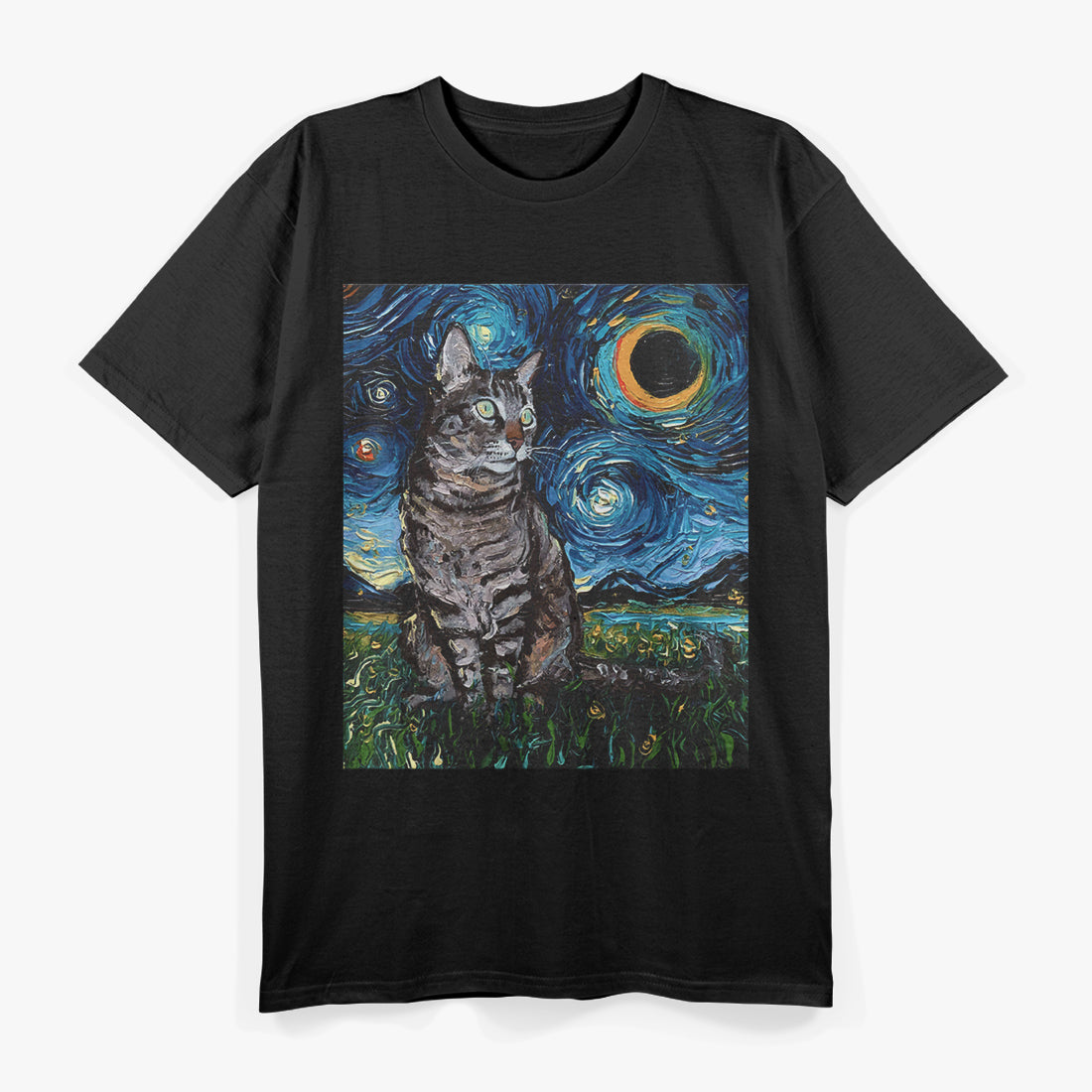 Gray Tabby Cat Starry Night Magical Moonlit Design T-Shirt