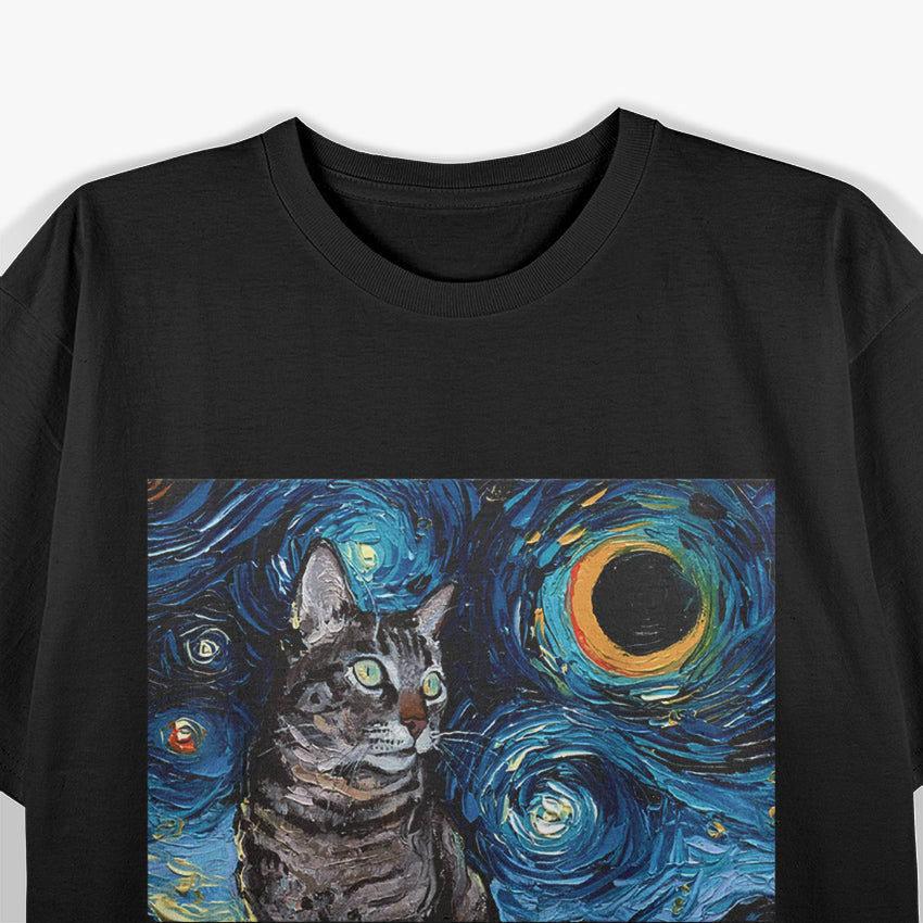 Gray Tabby Cat Starry Night Magical Moonlit Design T-Shirt