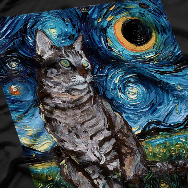 Gray Tabby Cat Starry Night Magical Moonlit Design T-Shirt